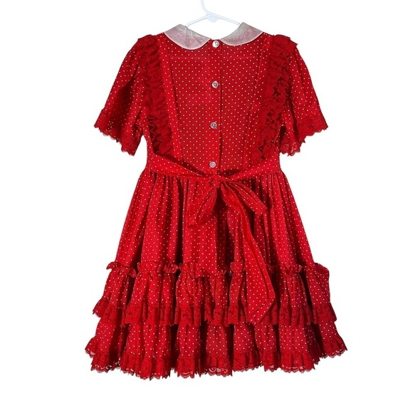 VINTAGE 80s LILO CALIFORNIA USA Ruffle Tiered Polka Dot Lace Trim Dress - Picture 3 of 12